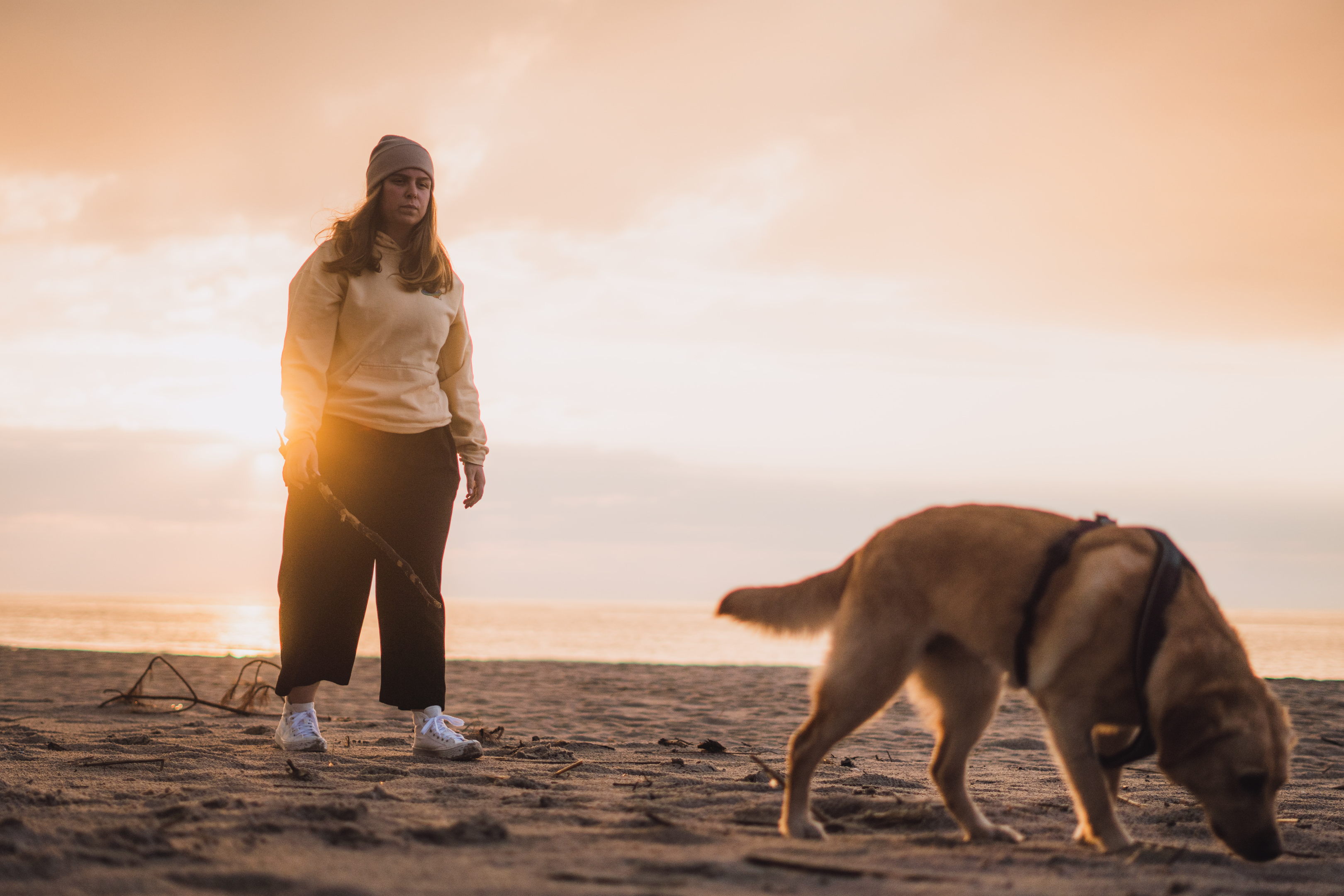 Lifestyle fotografie ženy a jejího psa na pláži při magickém světle zapadajícího slunce.